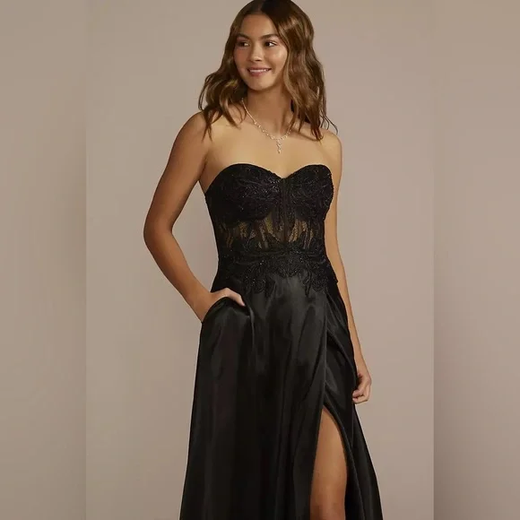 Blondie nites Strapless Illusion Lace Applique Satin A-Line brand new sz 5 black
